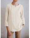 Women Solid Notch Neck Side Split Cotton 3/4 Sleeve Blouse