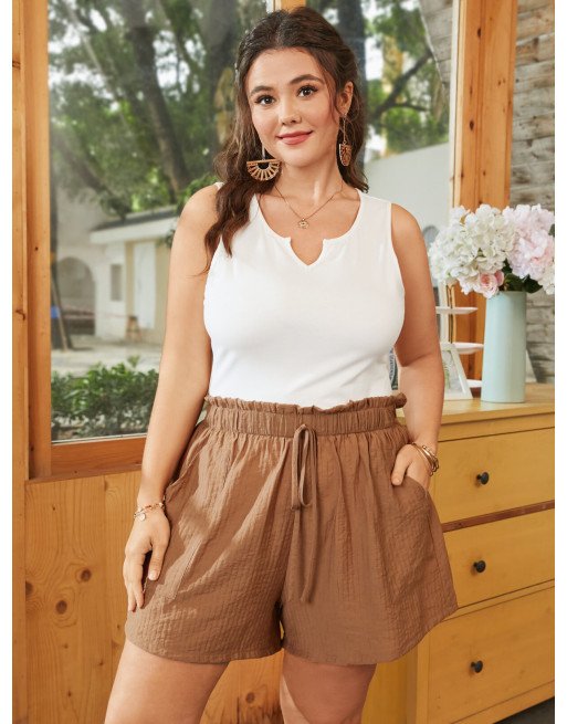 Plus Size Drawstring Lettuce-Edge Pocket Shorts