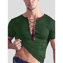 Mens Deep V Bandage Criss Cross T-Shirt