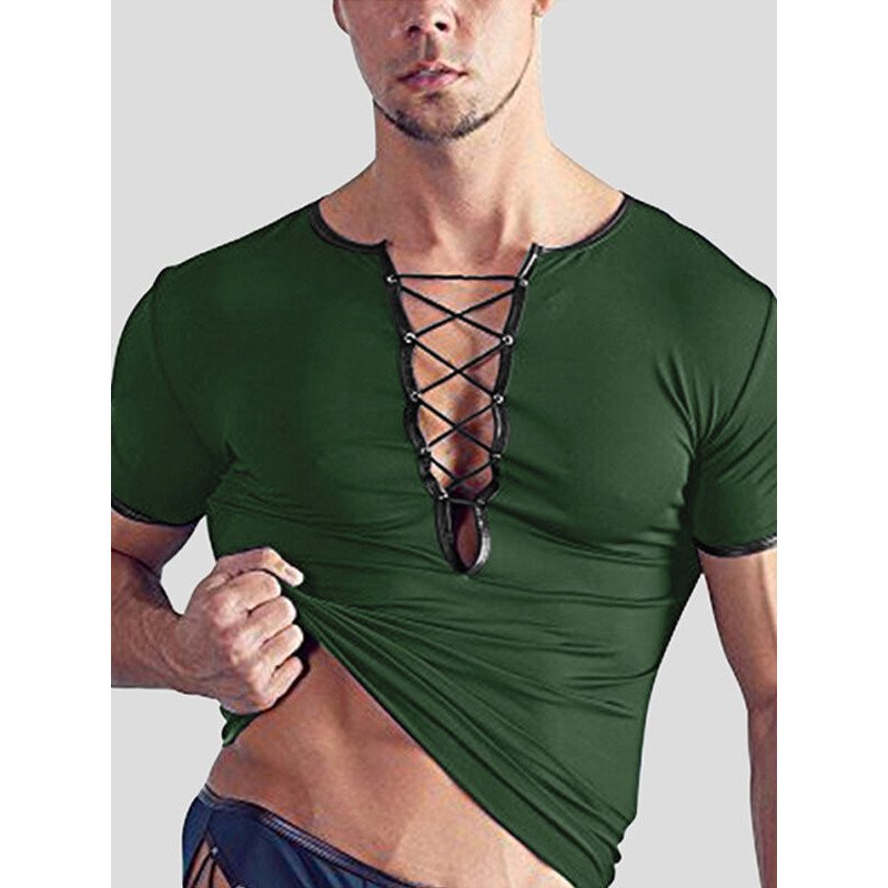 Mens Deep V Bandage Criss Cross T-Shirt