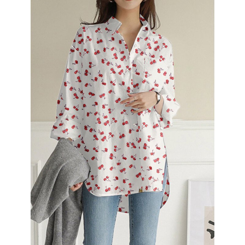 Women Cherry Print Lapel High-Low Hem Long Sleeve Shirt