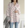 Women Cherry Print Lapel High-Low Hem Long Sleeve Shirt
