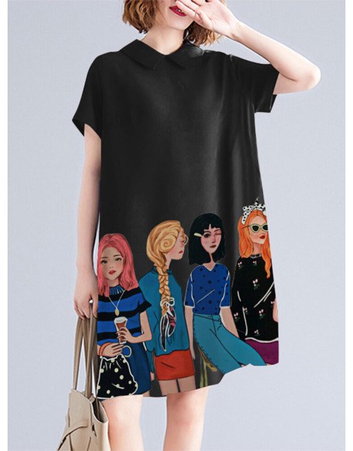 Character Print Pocket Doll Collar Short Sleeve Casual Midi Dress