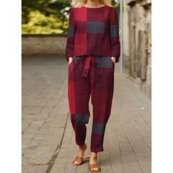 Women Plaid Pattern Belted Pocket Two Pieces Suit