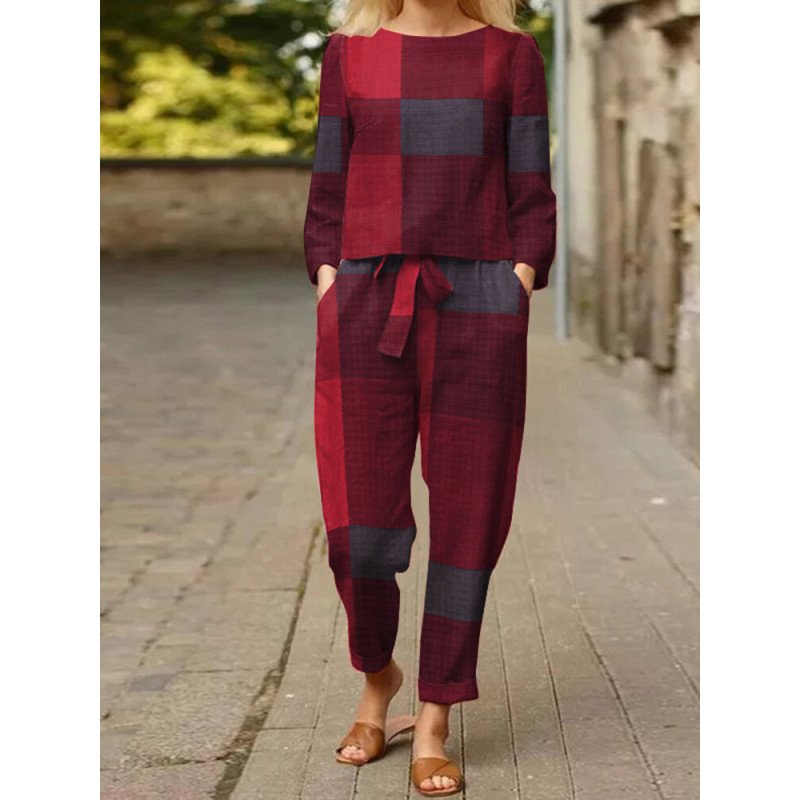 Women Plaid Pattern Belted Pocket Two Pieces Suit