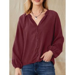 Solid V-neck Long Sleeve Blouse For Women
