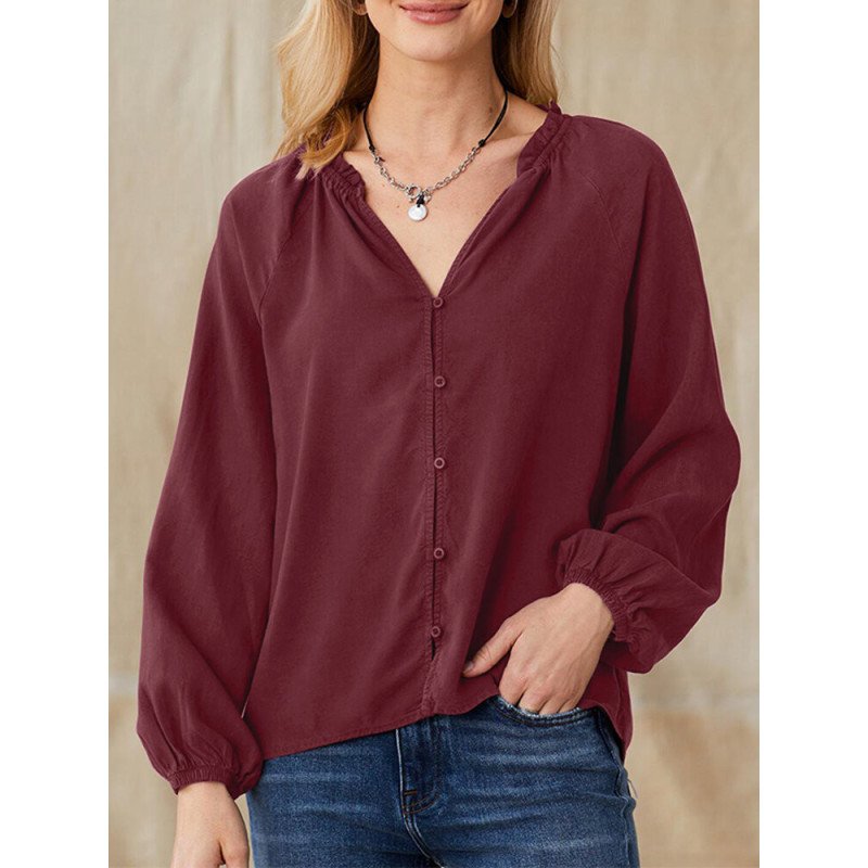 Solid V-neck Long Sleeve Blouse For Women