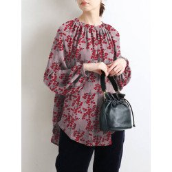 Calico Print Lantern Sleeve Loose Women Vintage Blouse