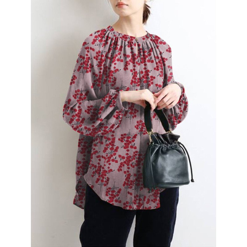 Calico Print Lantern Sleeve Loose Women Vintage Blouse