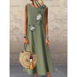 Women Floral Plant Print Crew Neck Cotton Sleeveless Dress
