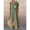 Women Floral Plant Print Crew Neck Cotton Sleeveless Dress