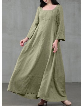 Solid Color A-Line Long Sleeve Maxi Cotton Loose Dress