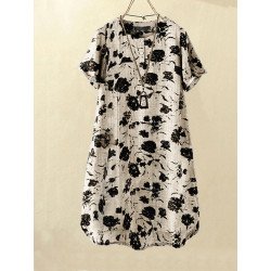 Women Monochrome Rose Print Quarter Button Short Sleeve Dress