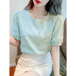 Floral Pattern Puff Sleeve Crew Neck Textured Blouse