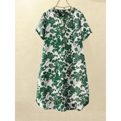 Women Floral Plant Print Quarter Button Vacation Short Sleeve Dress