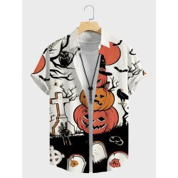 Mens Halloween Pumpkin Print Lapel Short Sleeve Shirts