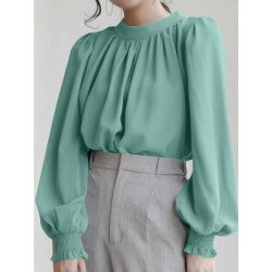 Solid Tie Back Puff Long Sleeve Stand Collar Blouse