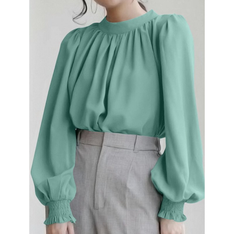 Solid Tie Back Puff Long Sleeve Stand Collar Blouse
