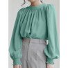 Solid Tie Back Puff Long Sleeve Stand Collar Blouse