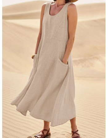Solid Dual Pocket Sleeveless U-neck Casual Dress