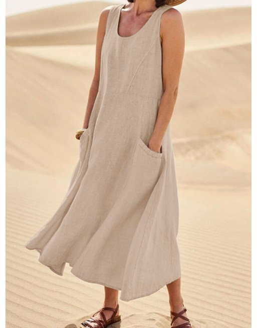 Solid Dual Pocket Sleeveless U-neck Casual Dress