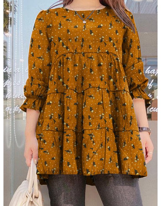 Allover Floral Print Puff Sleeve Crew Neck Casual Blouse