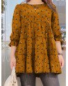 Allover Floral Print Puff Sleeve Crew Neck Casual Blouse
