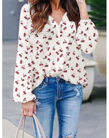 Women Allover Cherry Print V-Neck Long Sleeve Blouse