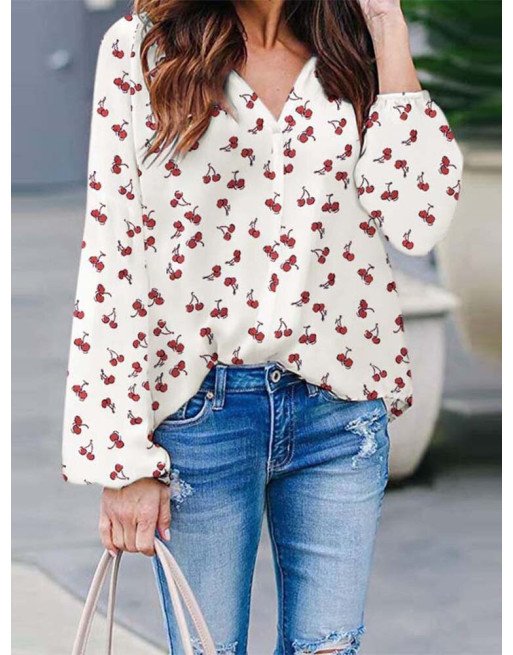 Women Allover Cherry Print V-Neck Long Sleeve Blouse