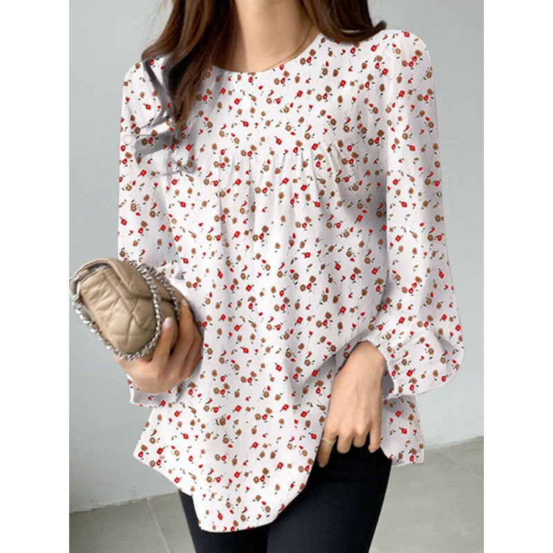 Women Allover Floral Print Crew Neck Casual Blouse