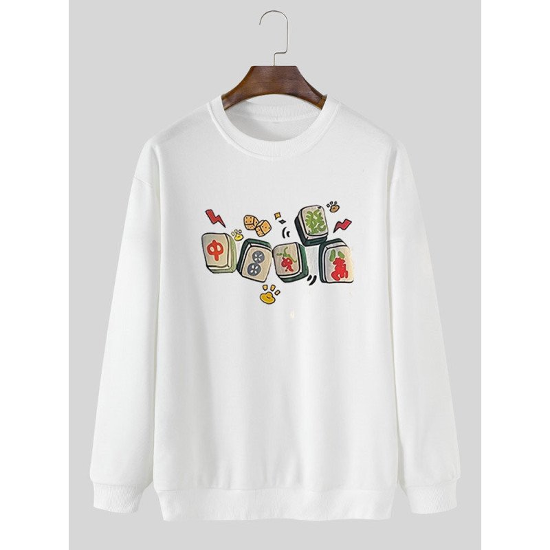 Mens Cartoon Mahjong Print Crew Neck Pullover Sweatshirts