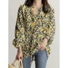 Allover Floral Print Drawstring Waist Puff Sleeve Blouse