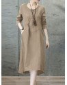 Solid Long Sleeve Pocket Crew Neck Casual Dress