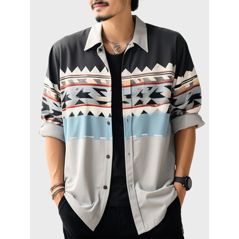 Mens Geometric Print Lapel Casual Long Sleeve Shirts