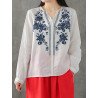 Plants Embroidery Long Sleeve V-neck Blouse For Women