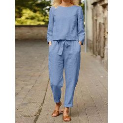 Solid Long Sleeve Pocket Knotted Two Pieces Suit