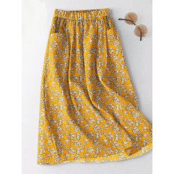 Women Ditsy Floral Print Elastic Waist Skirt With Pocket