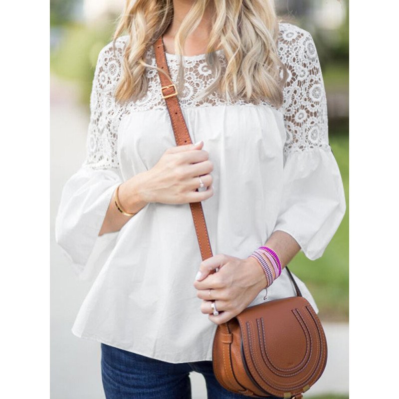 Lace Stitch Bell Sleeve Crew Neck Hollow Blouse