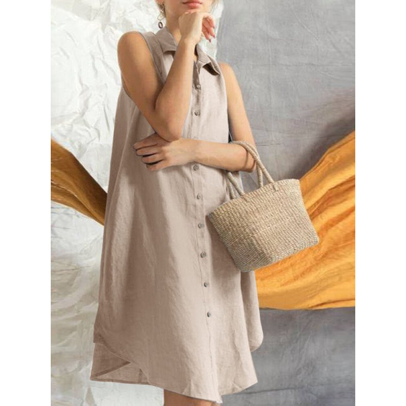 Women Solid Sleeveless Lapel Button Front Shirt Dress