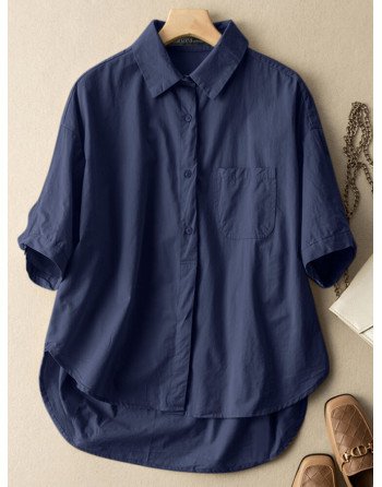 Solid Half Sleeve Pocket Lapel Button Front Shirt