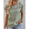 Women Hollow Out Crew Neck Cotton Short Sleeve Blouse