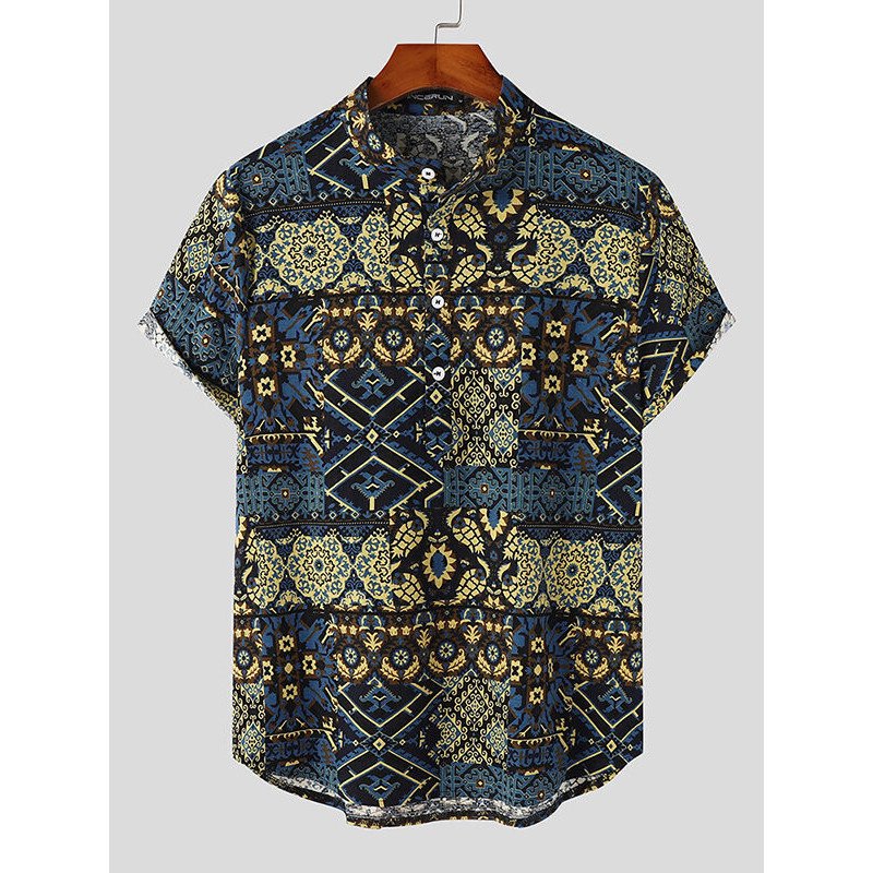 Mens Ethnic Totem Print Cotton Short Sleeve Henley Shirt