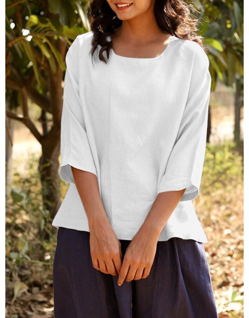 Solid Crew Neck Casual 3/4 Sleeve Blouse For Women