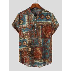 Mens Ethnic Geometric Pattern Half Button 100%Cotton Henley Shirt