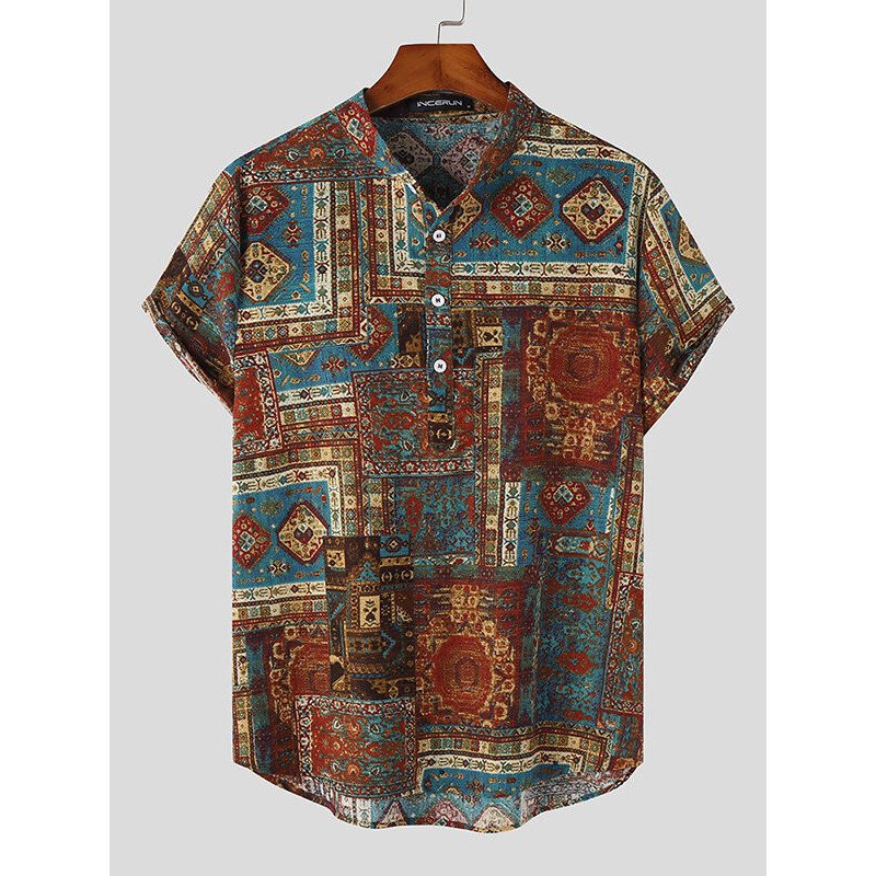 Mens Ethnic Geometric Pattern Half Button 100%Cotton Henley Shirt