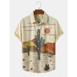 Mens Cactus Desert Landscape Print Button Up Short Sleeve Shirts