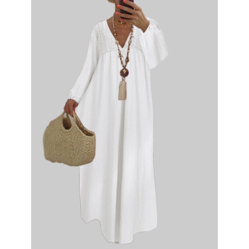 Lace Crochet V-neck Long Sleeve Plus Size Maxi Dress