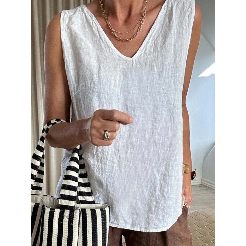 Women Plain Texture V-Neck Cotton Sleeveless Tank Top