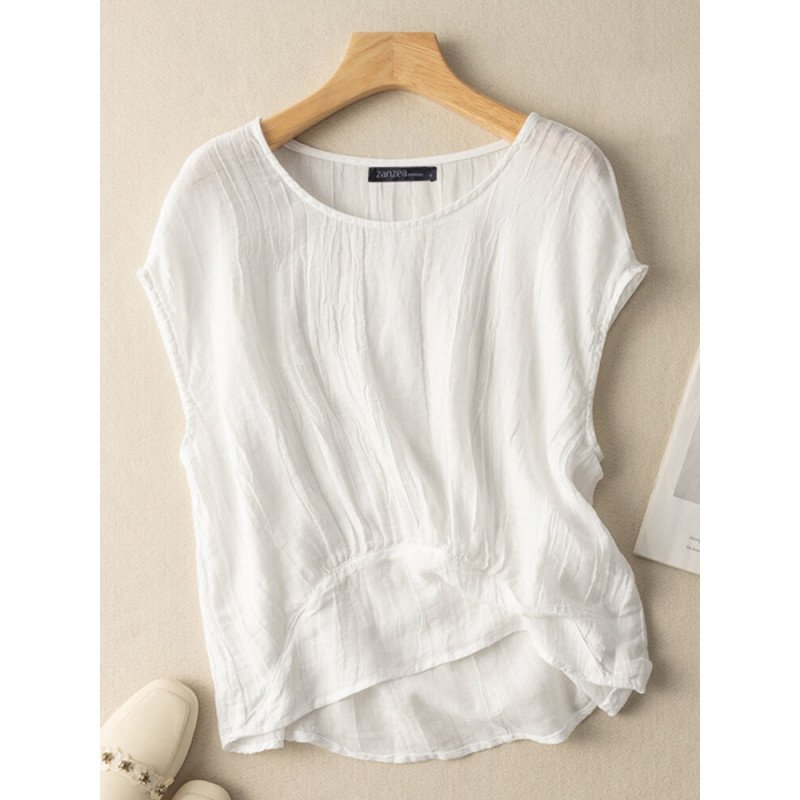 Crew Neck Solid Casual Short Sleeve Blouse For Women