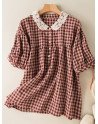 Check Print Lace Lapel Short Sleeve Button Front Blouse